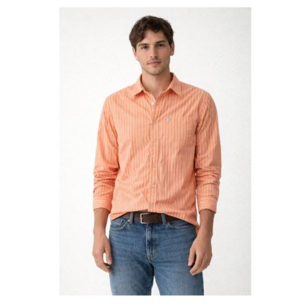 American Eagle Outfitters Men's Orange White Stripes Casual Button Down …